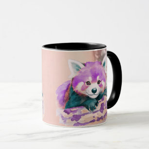 Taza Ilustración de Panda Rojo con Acuarela Púrpura de