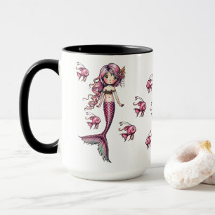 Taza Ilustración de pequeña sirena rosa y pez