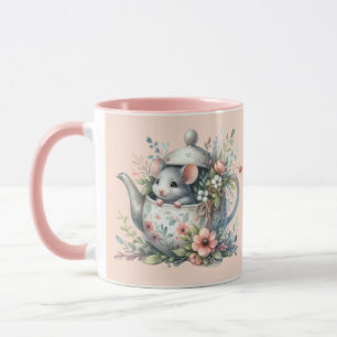 Taza Ilustración de ratón lindo en tetera floral