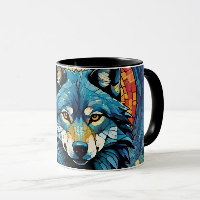 Taza Ilustracion mosaico colorido del lobo majestuoso (Anverso derecho)
