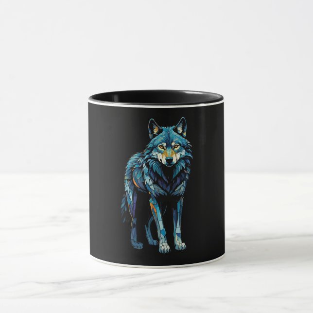 Taza Ilustracion mosaico colorido del lobo majestuoso (Centro)