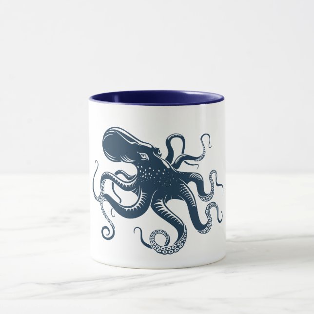 Taza Ilustracion náutico de pulpo azul marino (Centro)