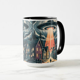 Taza Ilustración nocturna de abducción OVNI en la calle