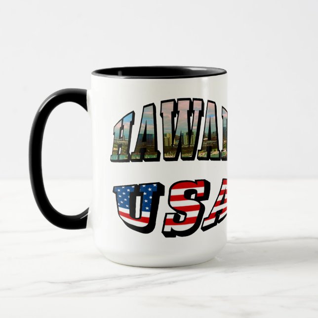 Taza Imagen de Hawaii y texto de bandera de Estados Uni (Izquierda)