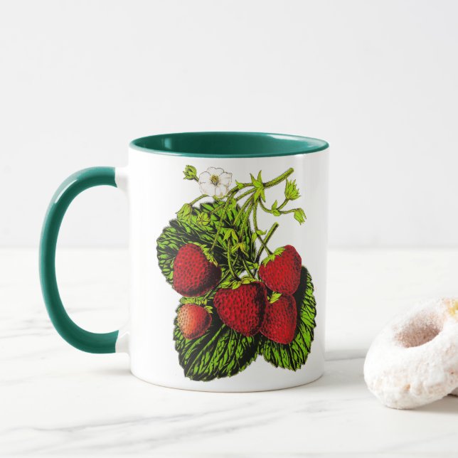 Taza Impresión botánica de Ilustracion de fresa en blan (Con donut)