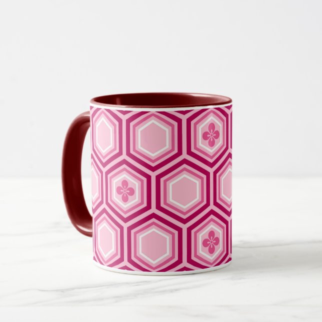Taza Impresión de Kimono Hexagonal, Borgoña y Rosa (Anverso izquierdo)
