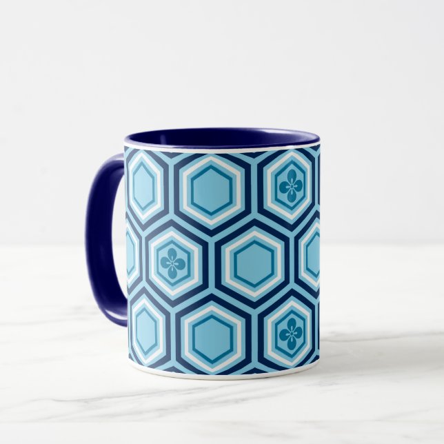 Taza Impresión de kimono hexagonal, marina y azul claro (Anverso izquierdo)