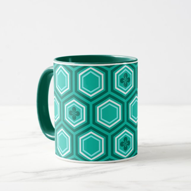 Taza Impresión de Kimono Hexagonal, Verde azulada, Aqua (Anverso izquierdo)