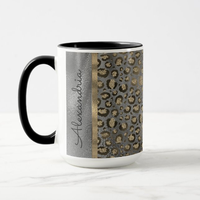Taza Impresión de leopardo de Purpurina de oro en gris  (Izquierda)