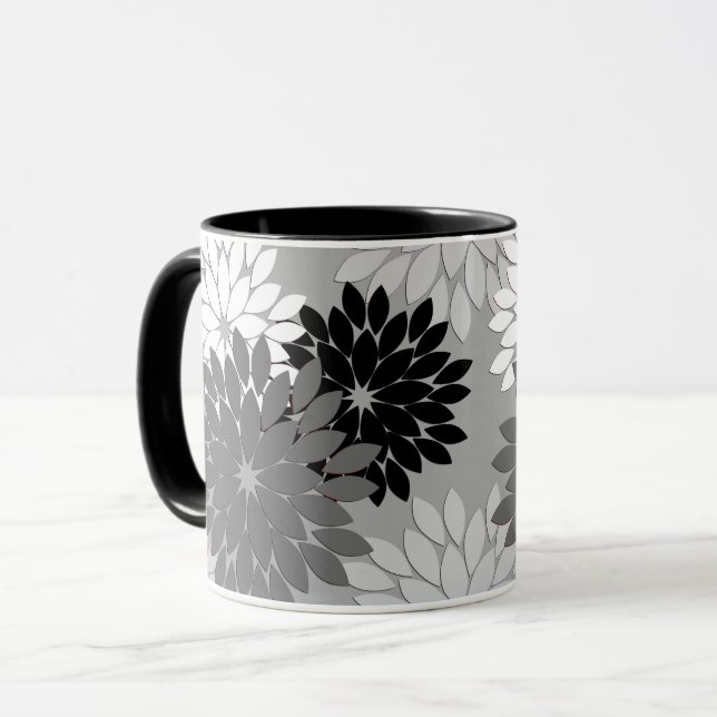 Taza Impresión moderna de kimono floral, gris, negro y  (Anverso izquierdo)