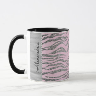 Taza Impresión Purpurinoso de cebra plateada en rosa pe