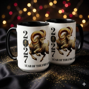 Taza Impresionante Año Chino de la Cabra de Fuego Dorad