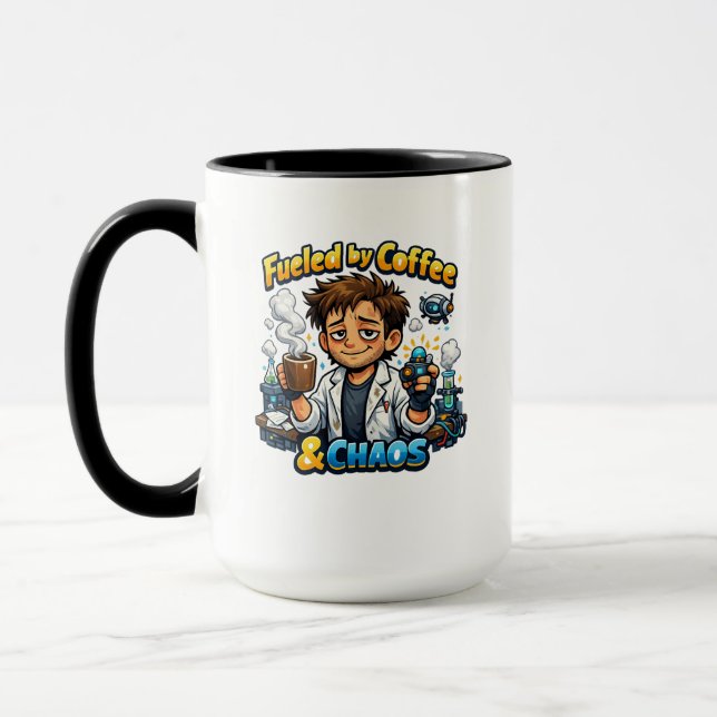 Taza Impulsado por Café y Caos – Científico Divertido (Izquierda)
