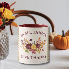 Taza In All Things Give Thanks Burgundy Gold Damask