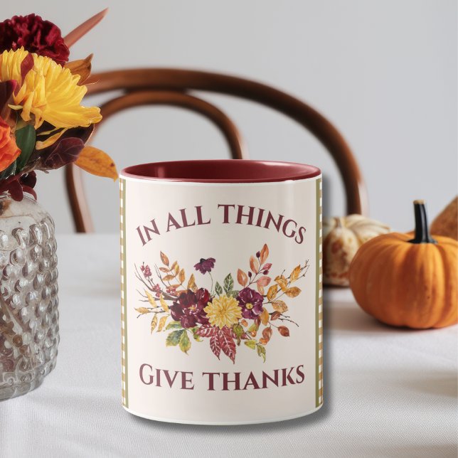 Taza In All Things Give Thanks Burgundy Gold Damask (Subido por el creador)