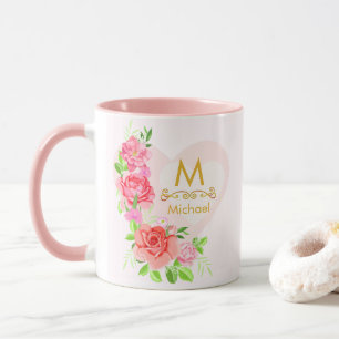 Taza Inicial de Monograma Floral de Rosa con Acuarela R