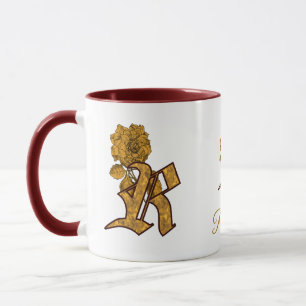 Taza Inicial de Monograma R Elegante Peonía Dorada Pers