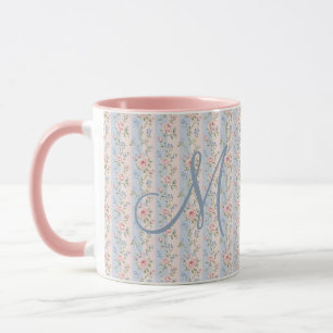 Taza Inicial de Monograma Rosas Florales Rayadas Rosa A