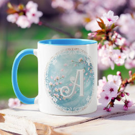 Taza Iniciales de Flor de Cerezo Turquesa Elegante Rosa