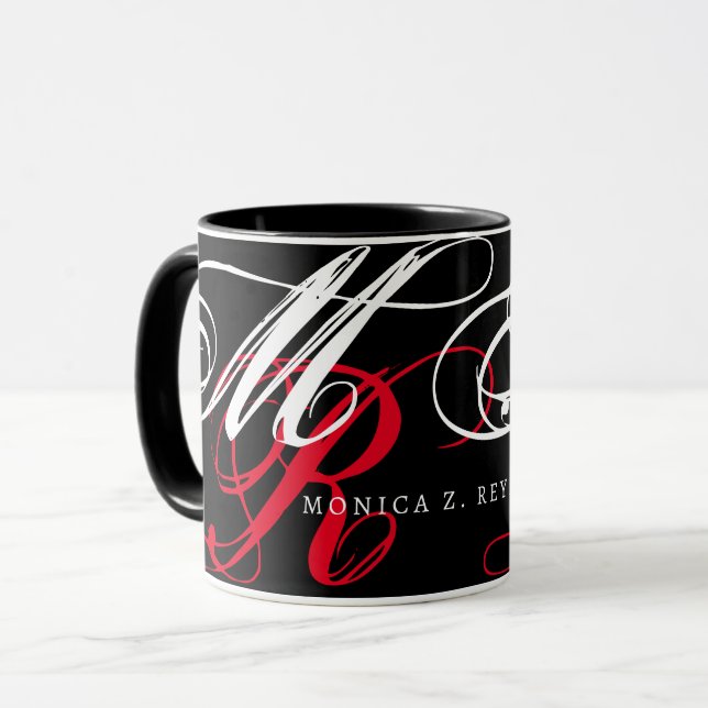 Taza Iniciales de manuscrito blanco/rojo personalizado  (Anverso izquierdo)