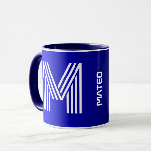 Taza Inicio y nombre modernos   Monograma negro azul ún