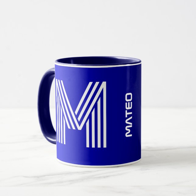 Taza Inicio y nombre modernos | Monograma negro azul ún (Anverso izquierdo)