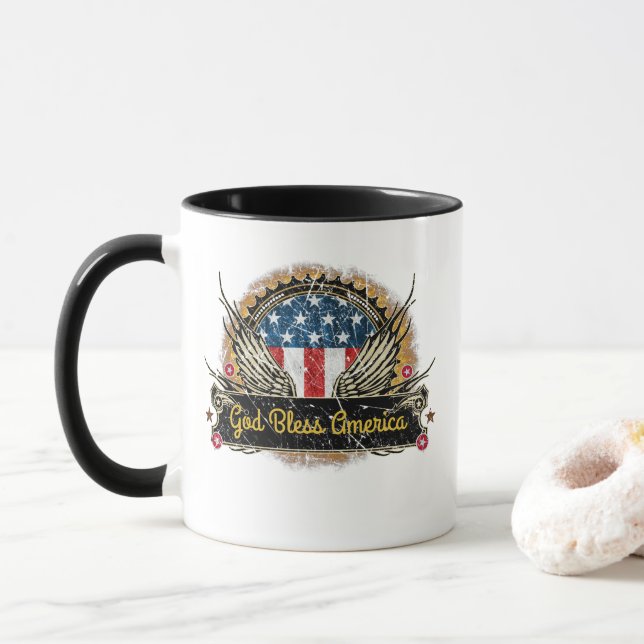 Taza Insignia de bandera de águila Dios bendiga a Améri (Con donut)