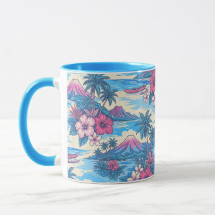 Taza Isla de Hibisco Hawaiano Escénico - Rosa y Azul
