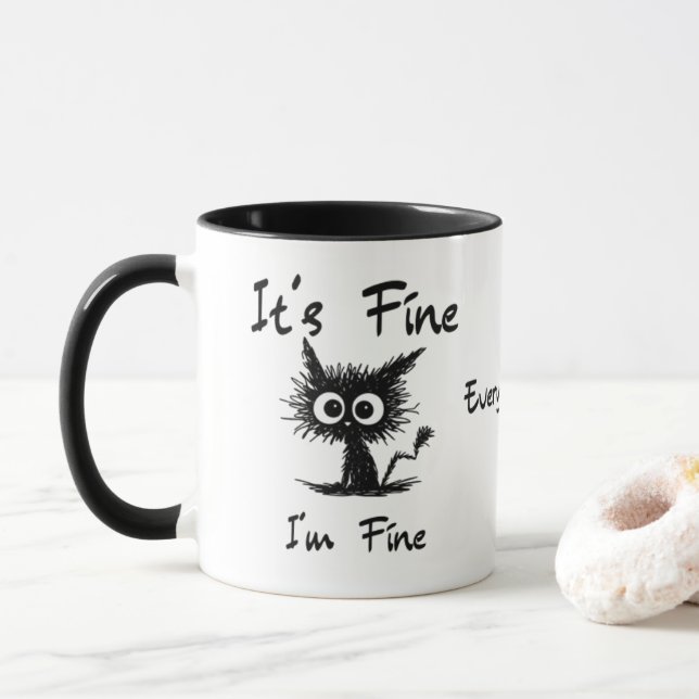 Taza It's Fine I'm Fine" Funny Sarcastic Black Cat  (Con donut)