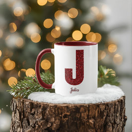 Taza J de monograma con brillo moderno y nombre