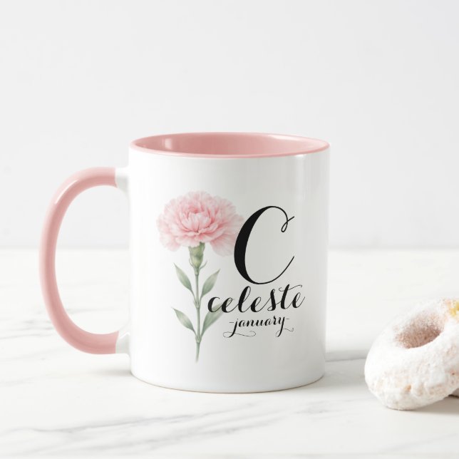 Taza January Birth Flower Mug – Pink Carnation Gift (Con donut)