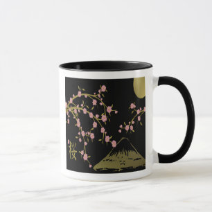 Taza Japonesa Pantalla Negra Oro Sakura Rosa