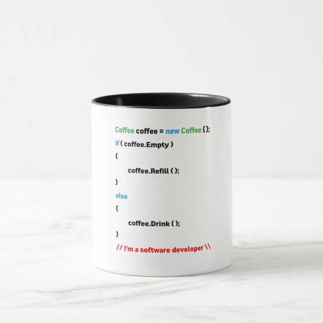 Taza Javascript Mug. Soy un desarrollador de software. (Centro)