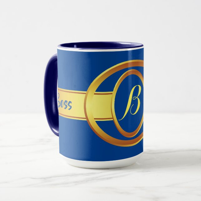 Taza Jefe Lady Azul y amarillo Monograma Ringer 15oz (Anverso izquierdo)