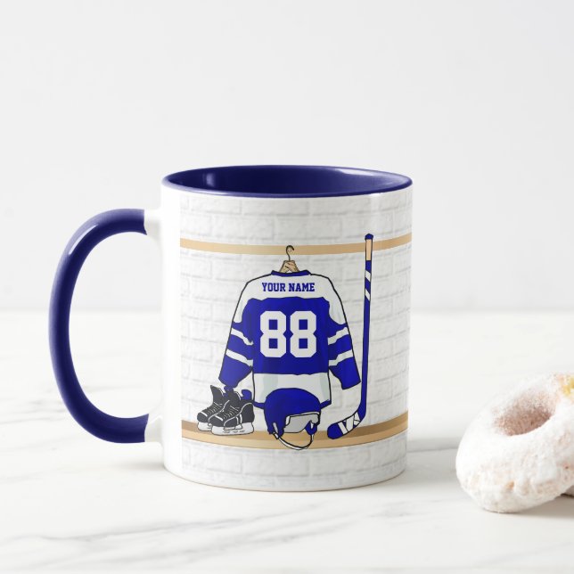 Taza Jersey de hockey sobre hielo azul y blanco persona (Con donut)