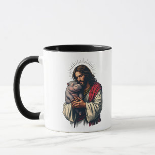 Taza Jesús sostiene a un bebé Moo Deng Hippo