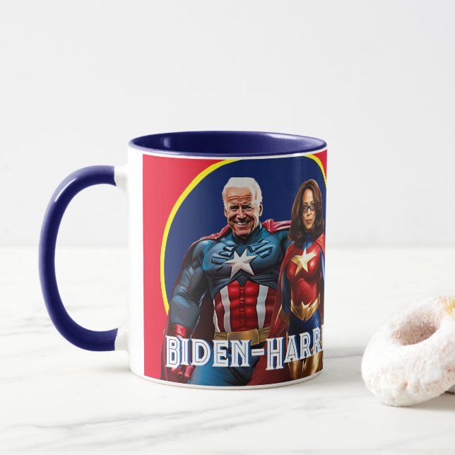 Taza Joe Biden y Kamala Harris como superhéroes (Con donut)