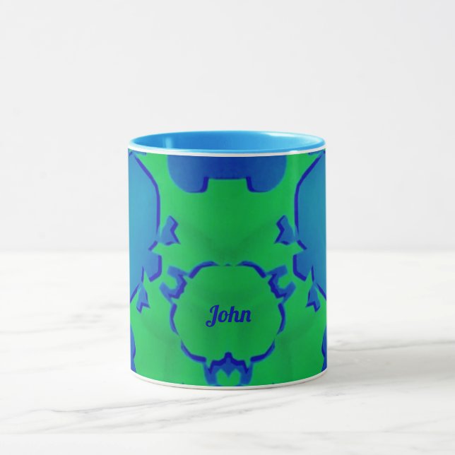 Taza JOHN ~ Zany 3D Fractal ~ Blue y Green Mug (Centro)