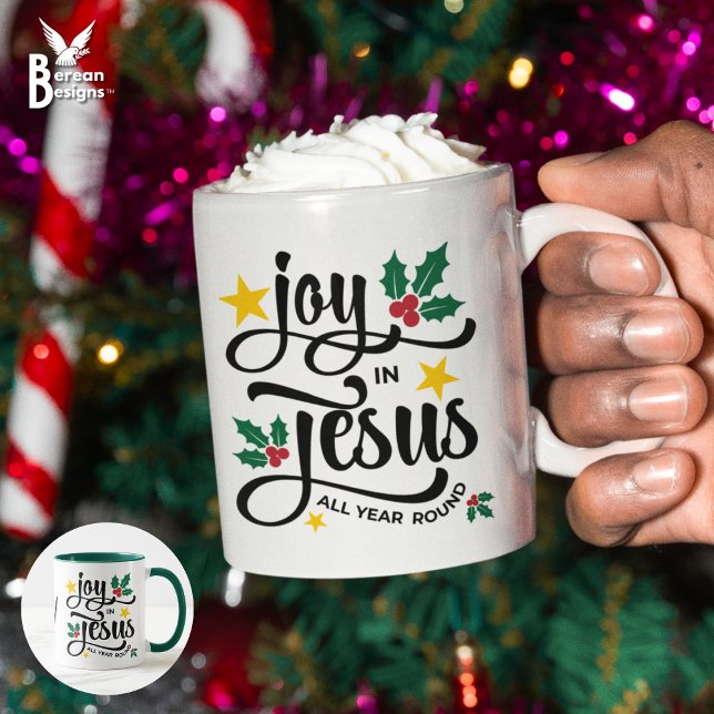 Taza JOY IN JESUS Christian Christmas Monogram (Festive JOY IN JESUS Christian Christmas mug with customizable monogram. Gift for Christians.)