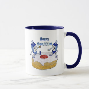 Taza Judaica Happy Hanukkah Dancing Dreidels Doughnut