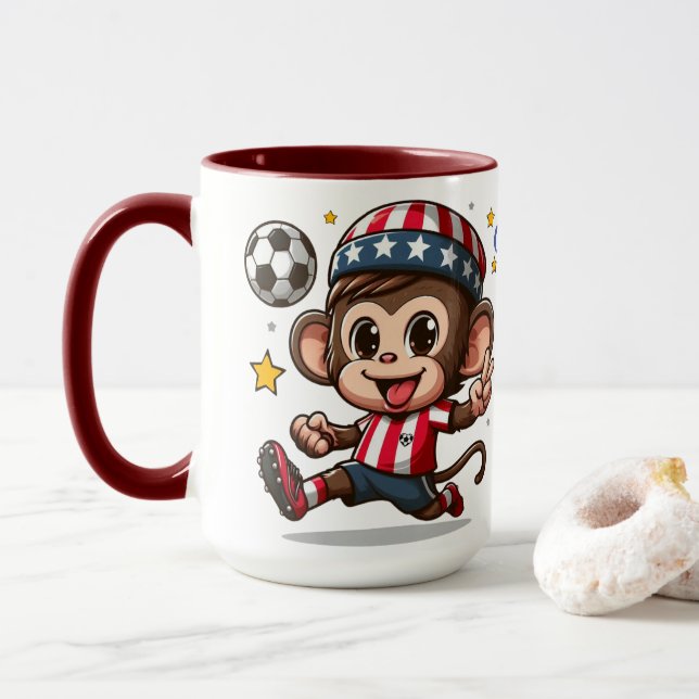 Taza Jugador de fútbol de monos Feliz (Con donut)