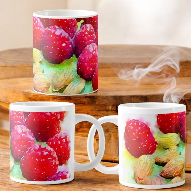 Taza Juicy Red Raspberries y Almona Watercolor (A view around the entire ceramic mug )