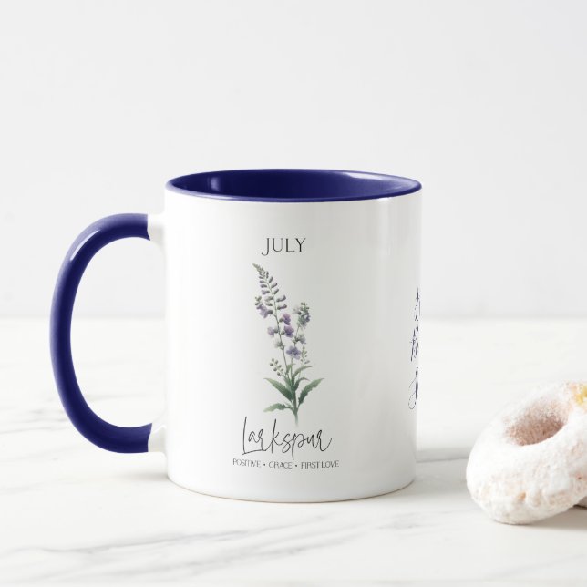 Taza Julio mes de nacimiento Flor Larkspur Regalo de cu (Con donut)