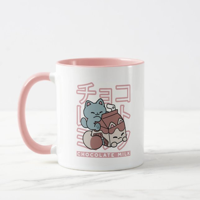 Taza Kawaii Cat with Chocolate Milk – Japanese Pop Art  (Izquierda)