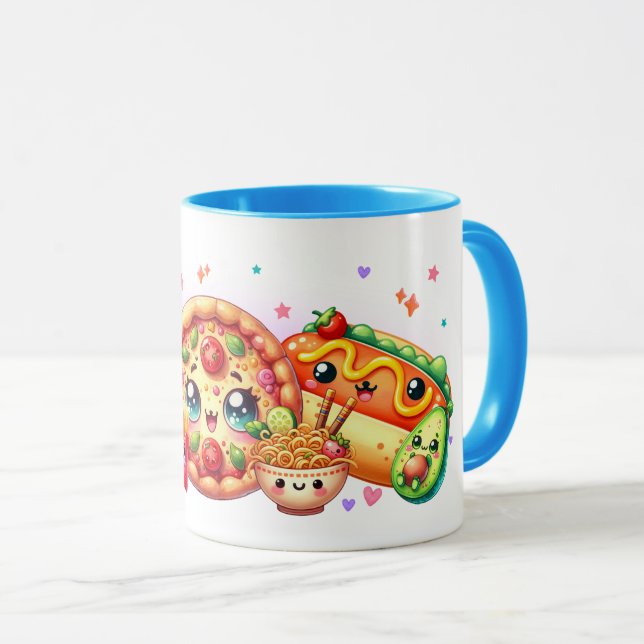 Taza Kawaii Happy Food Cute Burger, Pizza y Hotdog (Anverso derecho)