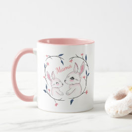 Taza kawaii mamá conejo y su conejo con flores