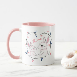 Taza kawaii mamá conejo y su conejo con flores