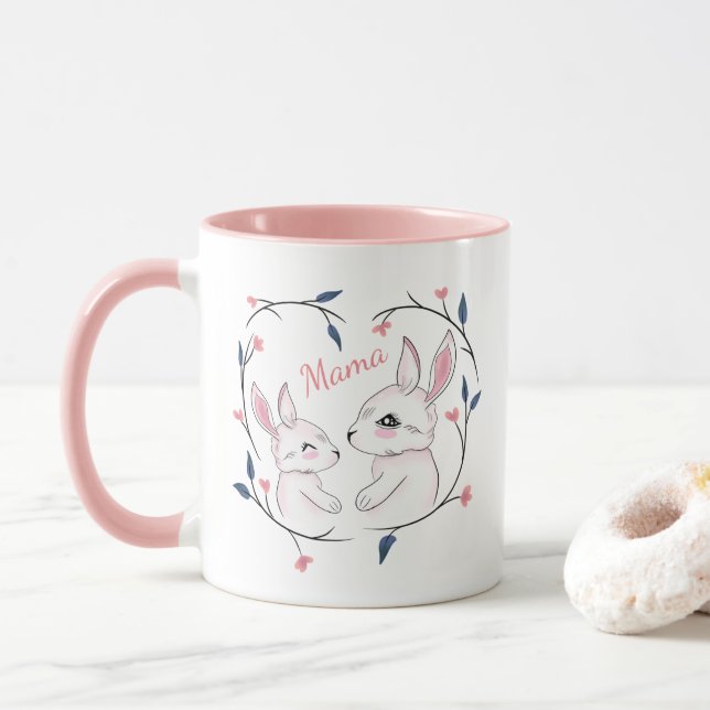 Taza kawaii mamá conejo y su conejo con flores (Con donut)