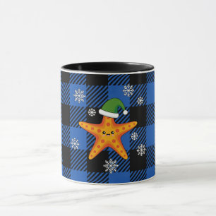 Taza Kawaii Navidad Starfish en patrón de búfalo azul