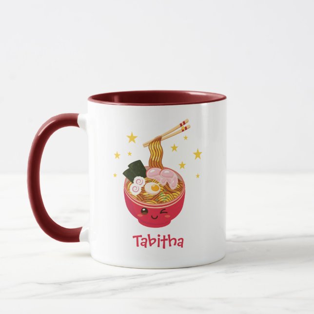 Taza Kawaii Ramen Noodles en un tazón rojo (Izquierda)